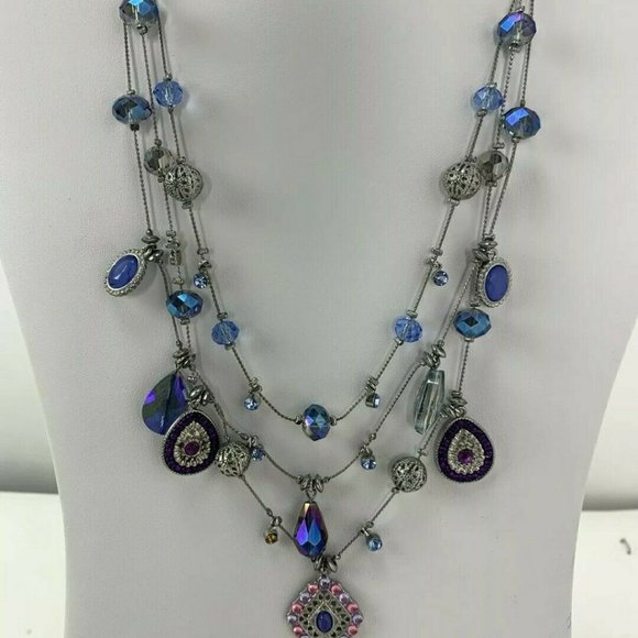 Silver Tone Necklace Faceted Bead Multi Strand - Picture 2 of 6